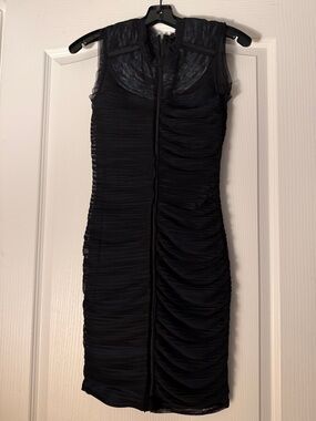 BCBGMaxAzria Black Ruched Sheer-Panel Midi Dress.